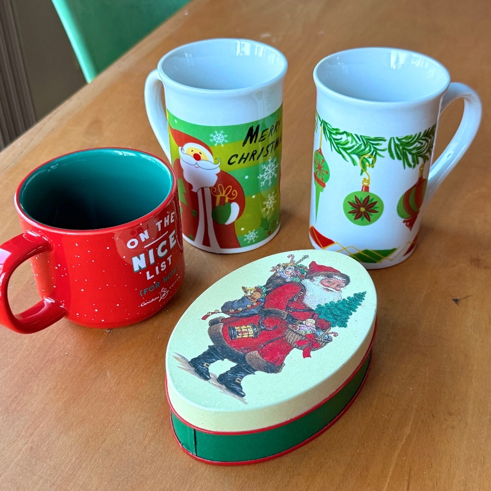 Christmas Mugs and Tin, Santa Holiday Decor